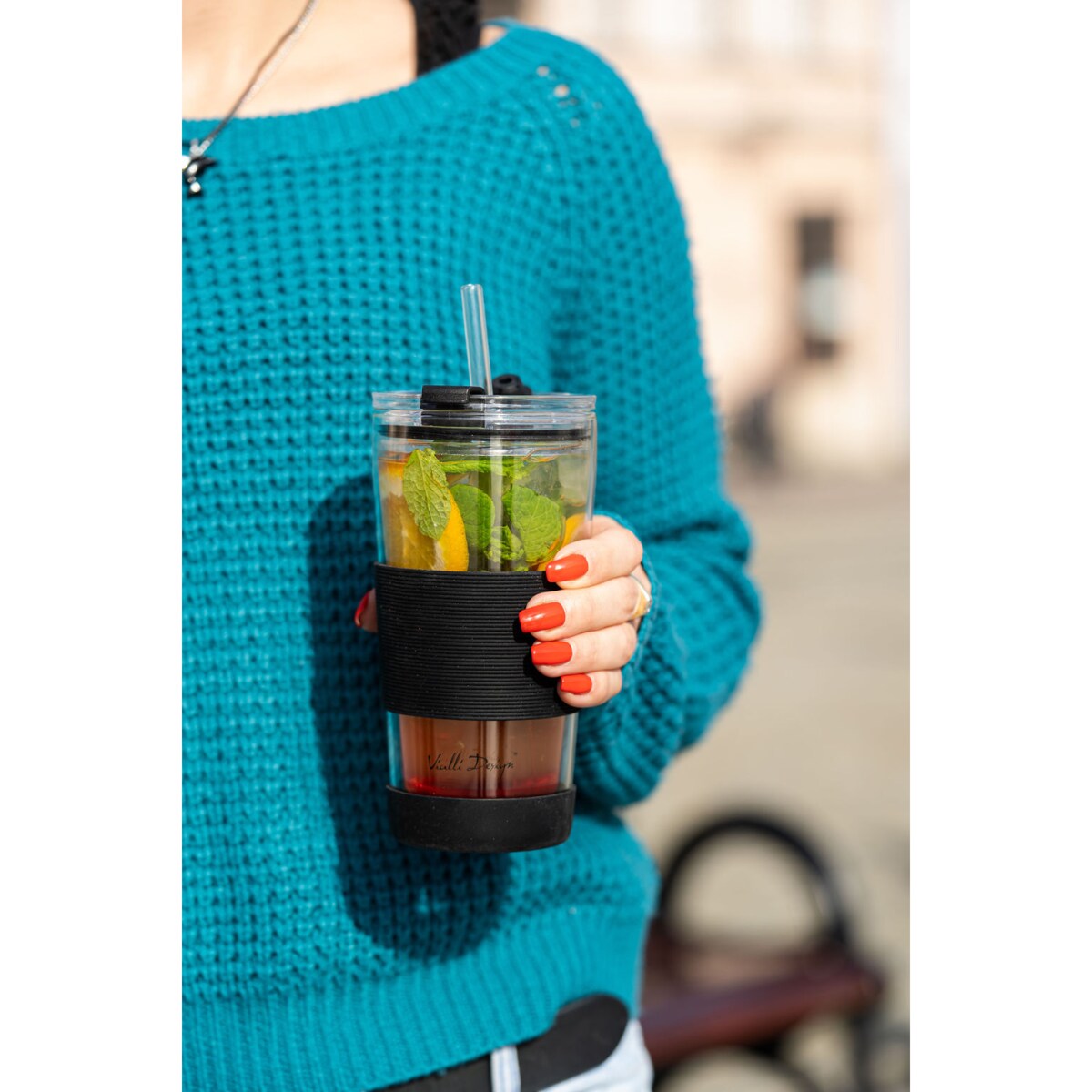 Kubek termiczny szklany ze słomką 600 ml czarny Fuori 30374