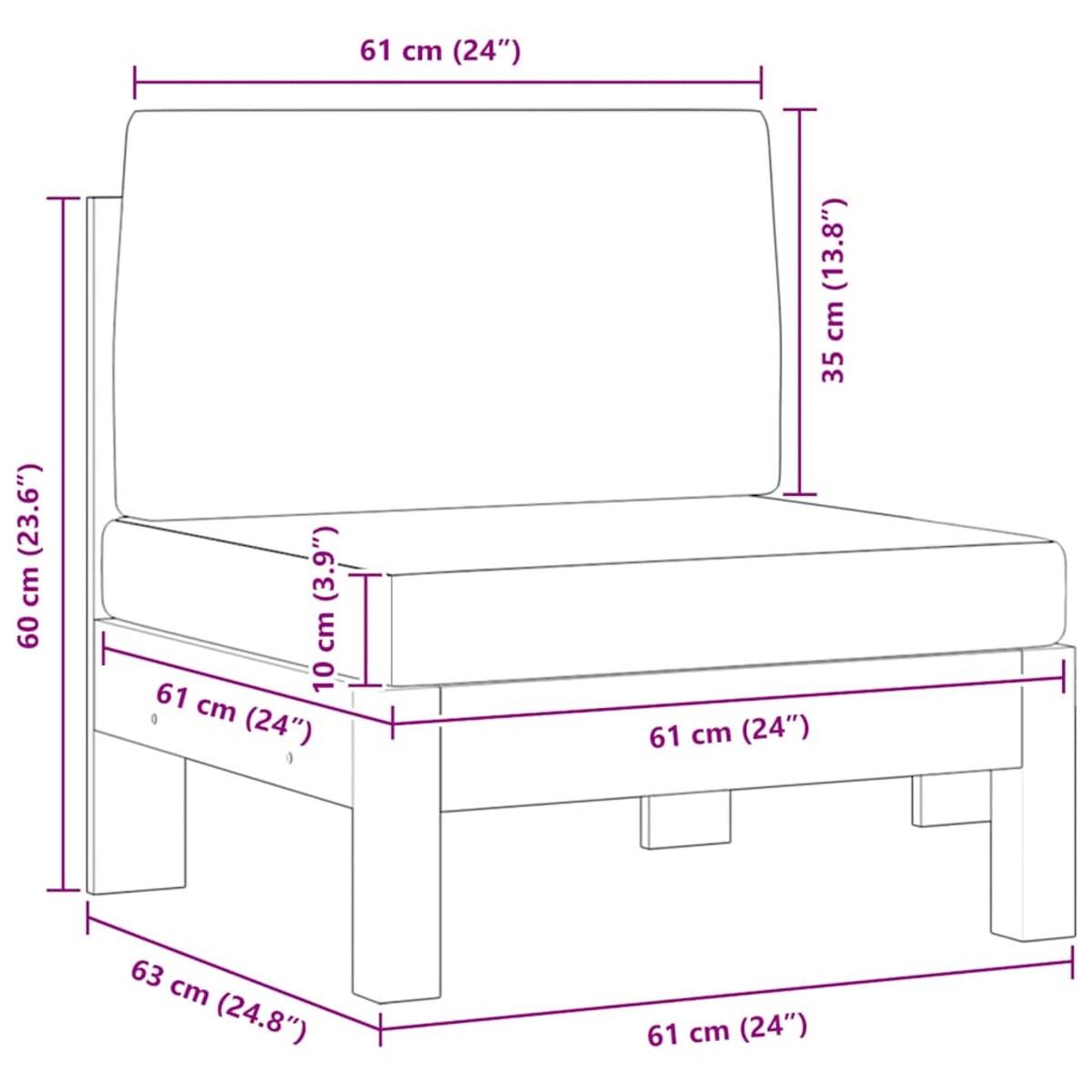 vidaXL Moduł sofy środkowej, kremowe poduszki, lite drewno akacjowe
