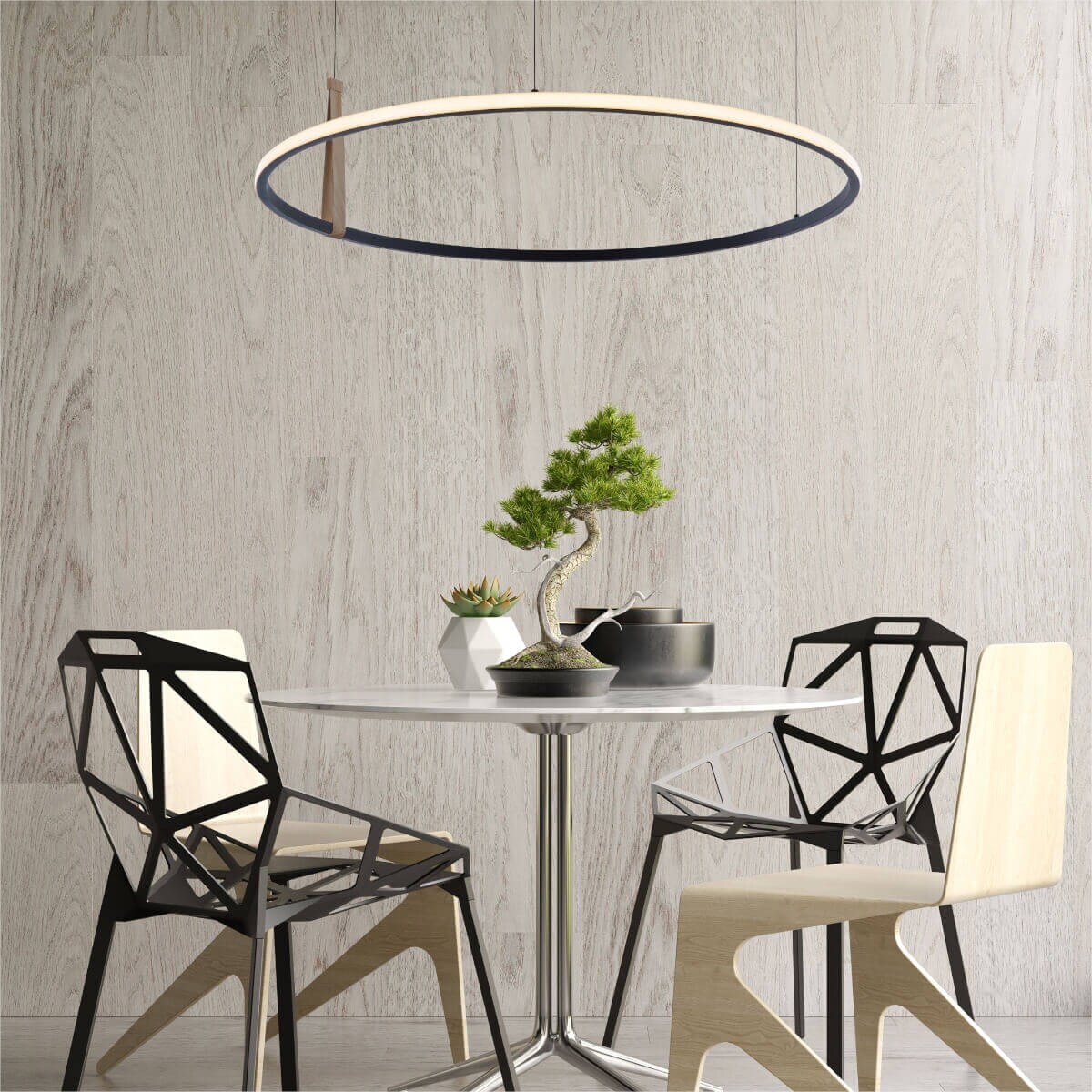 Zwieszana lampa okrąg Wood Claud 22808 Zumaline LED 42W regulowana barwa czarny drewniany