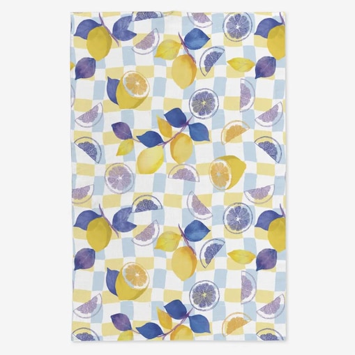 Lniany ręcznik kuchenny - cytryny błękitna krata