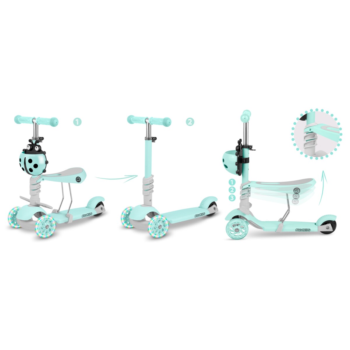 Hulajnoga trójkołowa balansowa dla dzieci 3w1 Ricokids Buggy miętowa