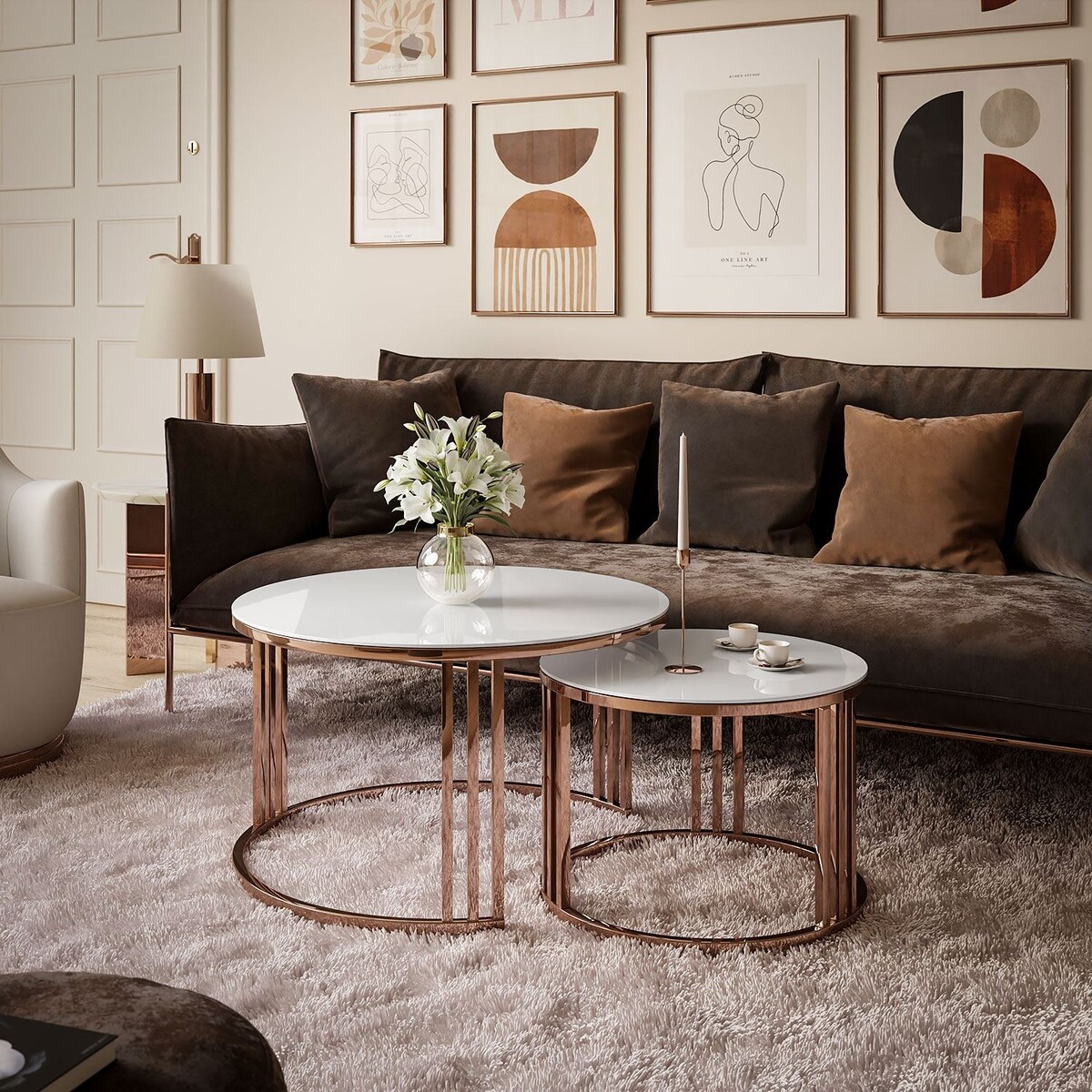 Zestaw stolików kawowych LORI 2w1, miedziana podstawa, białe szkło