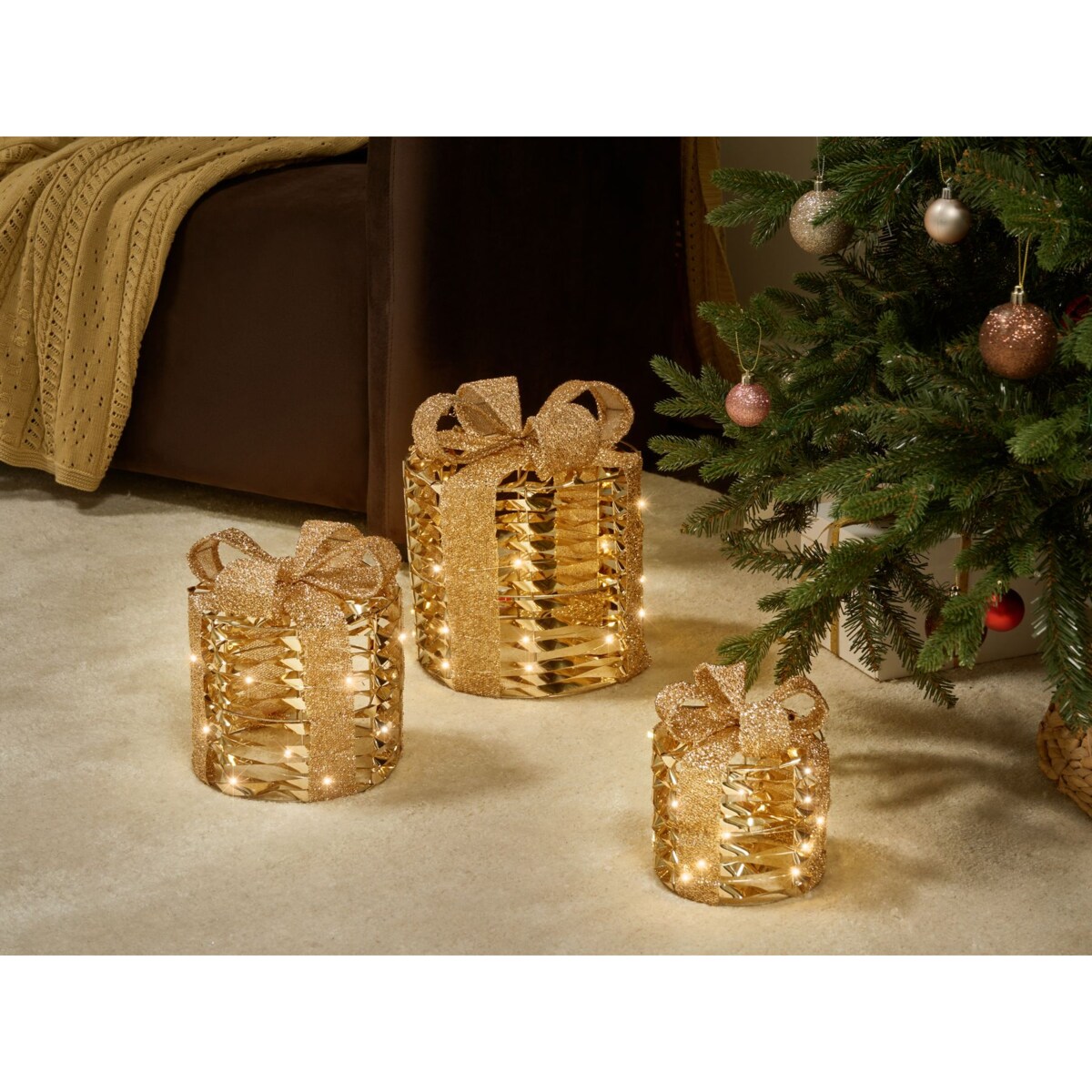 Zestaw 3 dekoracji LED Prezenty świąteczne złote SLIVSO