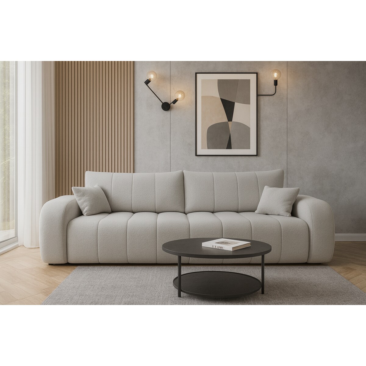 Sofa rozkładana ALOO obita tkaniną boucle z ozdobnymi poduszkami jasnoszara