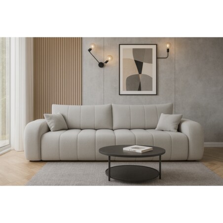 Sofa rozkładana ALOO obita tkaniną boucle z ozdobnymi poduszkami jasnoszara