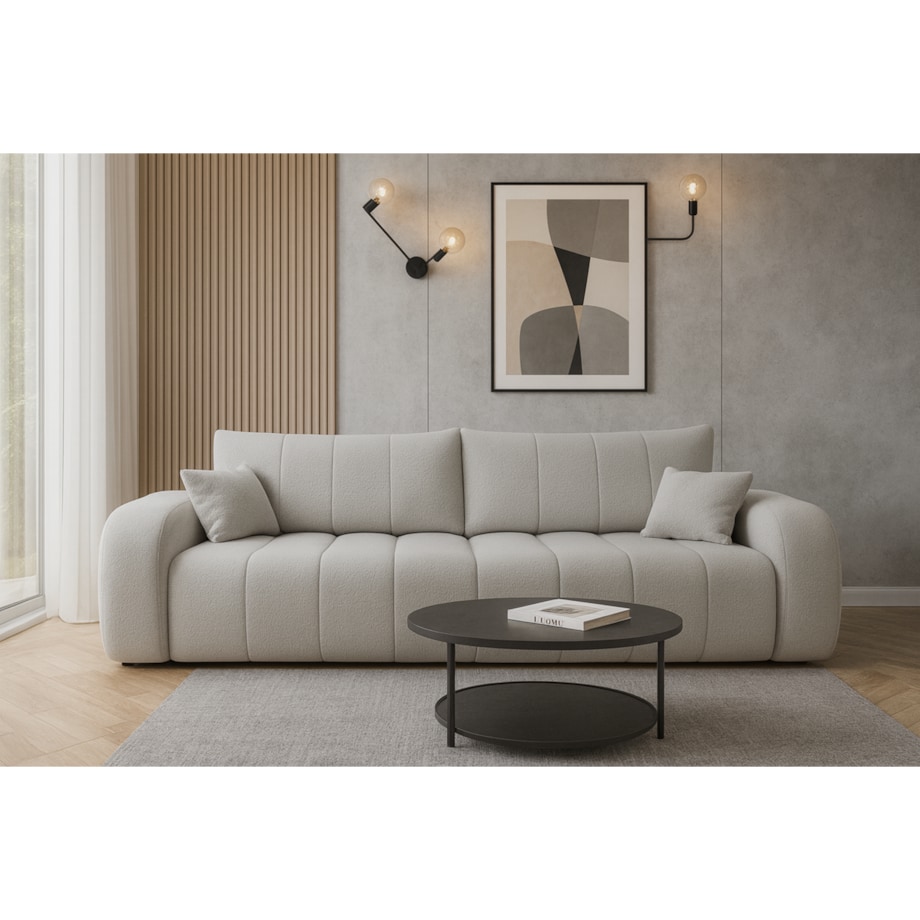 Sofa rozkładana ALOO obita tkaniną boucle z ozdobnymi poduszkami jasnoszara
