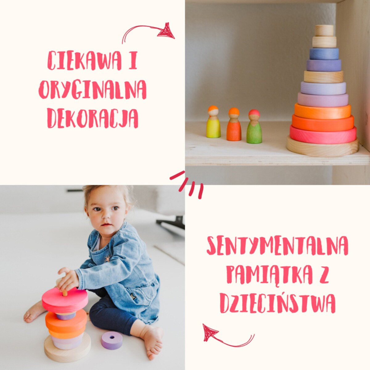 Wieża drewniana dla dzieci 10 krążków – klocki Grimm's Neon Pink 1+