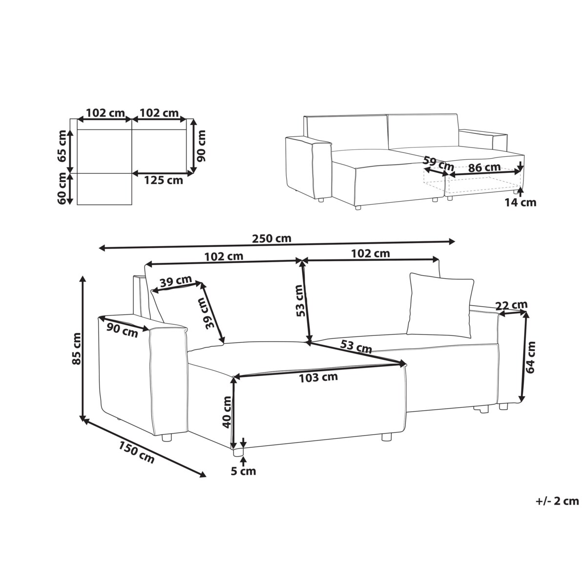 Narożnik prawostronny rozkładany z pojemnikiem ciemnoszary KARILA
