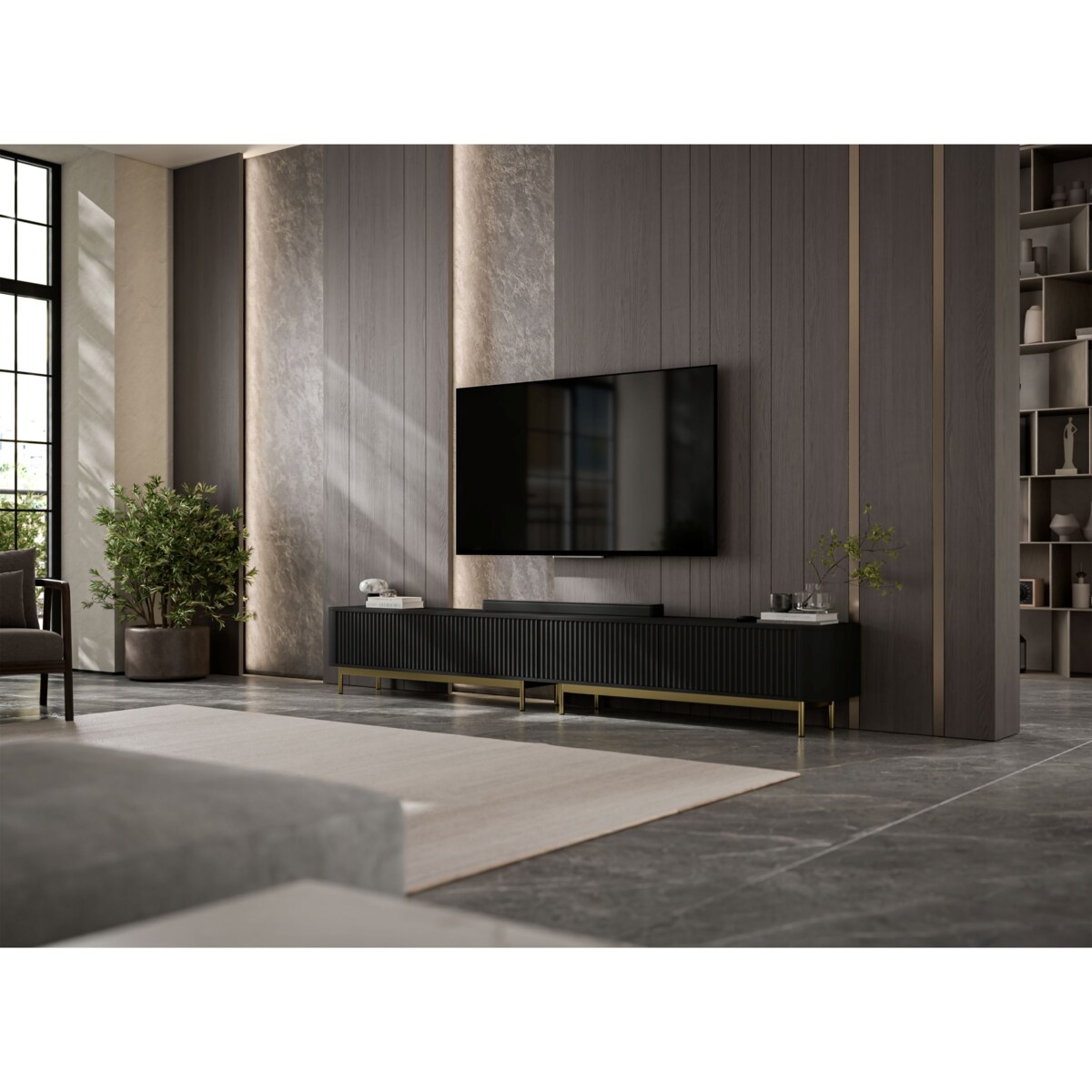 Szafka RTV Komoda RTV 280 cm Glamour Czarny Mat Złoty Stelaż