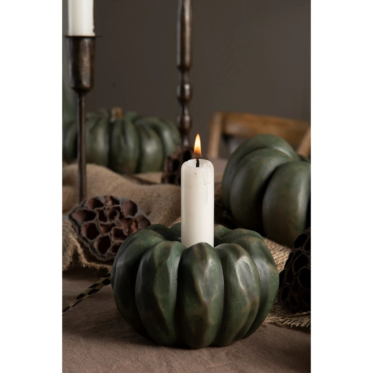 ŚWIECZNIK DYNIA HALLOWEEN JESIEŃ ZIELONA 2w1 tealight kandelabr ozdoba 11cm