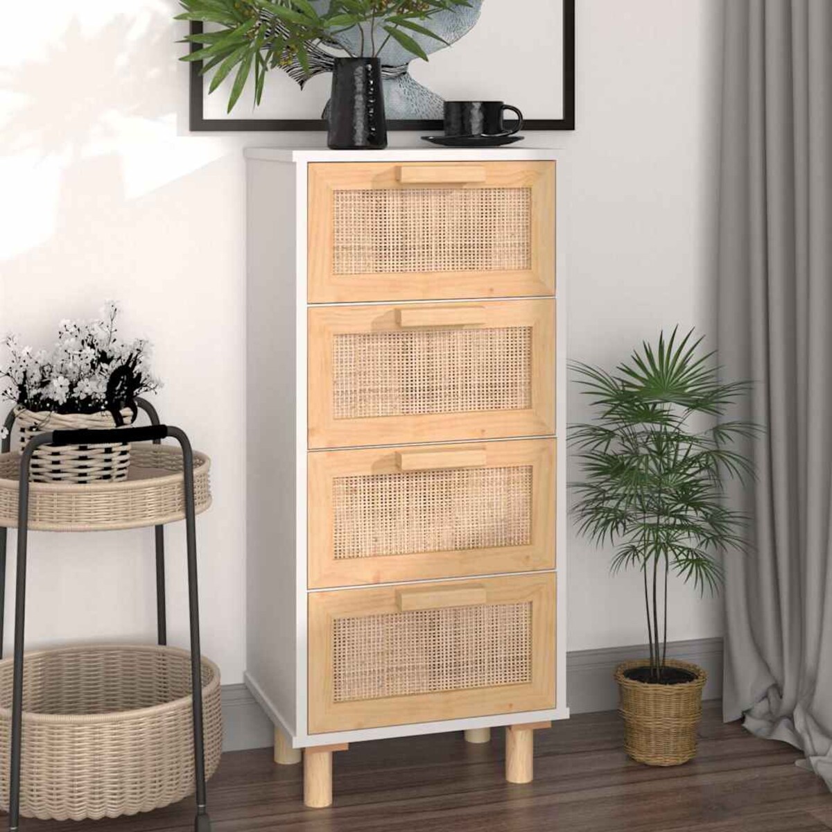 vidaXL Szafka, biała, 40x30x90 cm, lita sosna i naturalny rattan