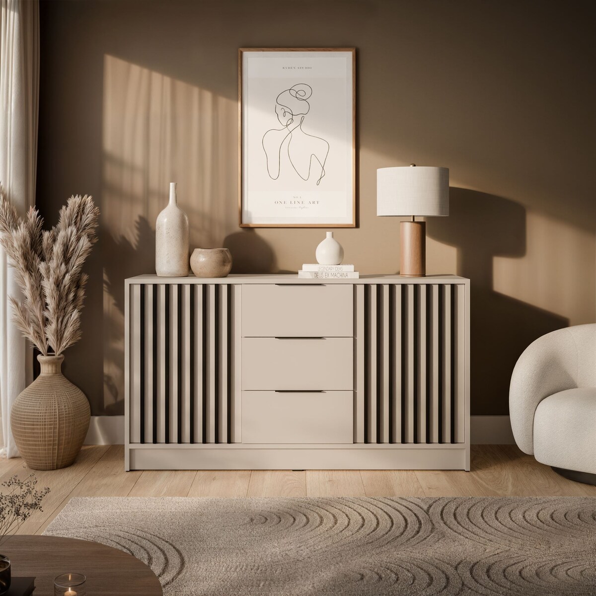 Dwudrzwiowa komoda NELA z lamelami, kaszmir + czarny