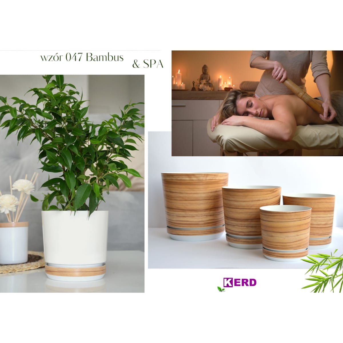 32 cm wzór BAMBUS * Doniczka z podstawką drewnopodobna imitacj deski drewna styl naturalny skandynawski duża donica