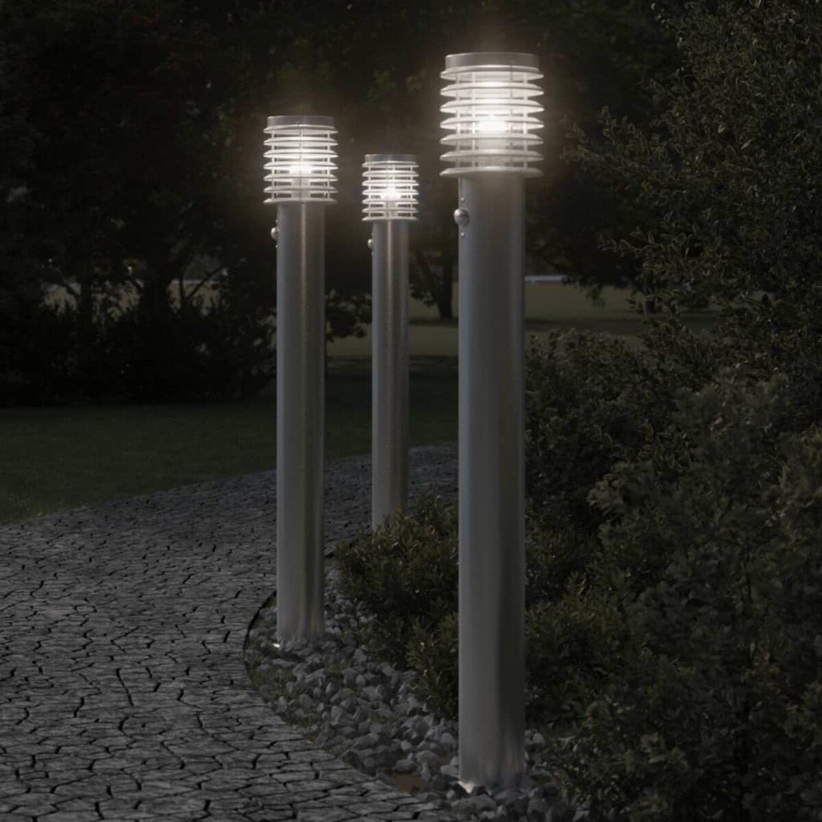 vidaXL Lampa ogrodowa na słupku, z czujnikiem, srebrna, 110 cm, stal
