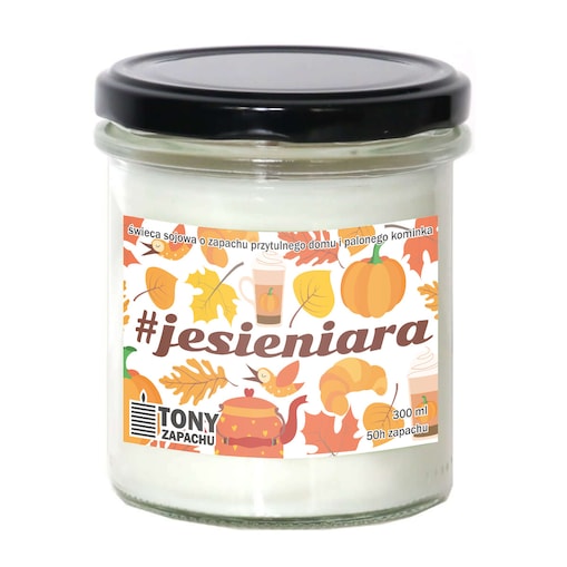 Naturalna świeca sojowa #JESIENIARA o zapachu pieczonego ciasta w szklanym naczyniu, prezent dla najbliższych, 300ml, na chłodne jesienne wieczory