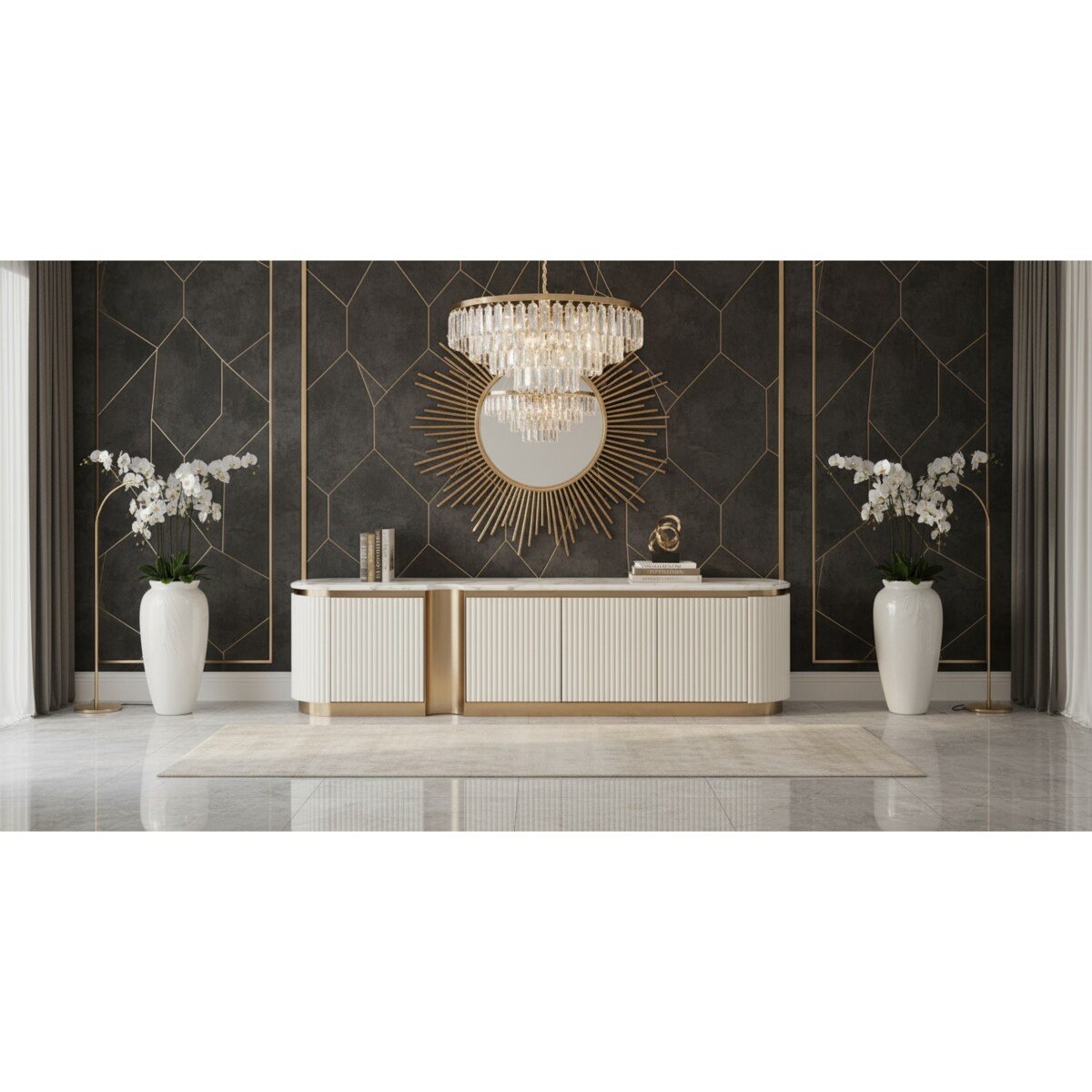 Ryflowana szafka RTV złota biała Nutris Glamour Premium z blatem marmurowym 200x40x50