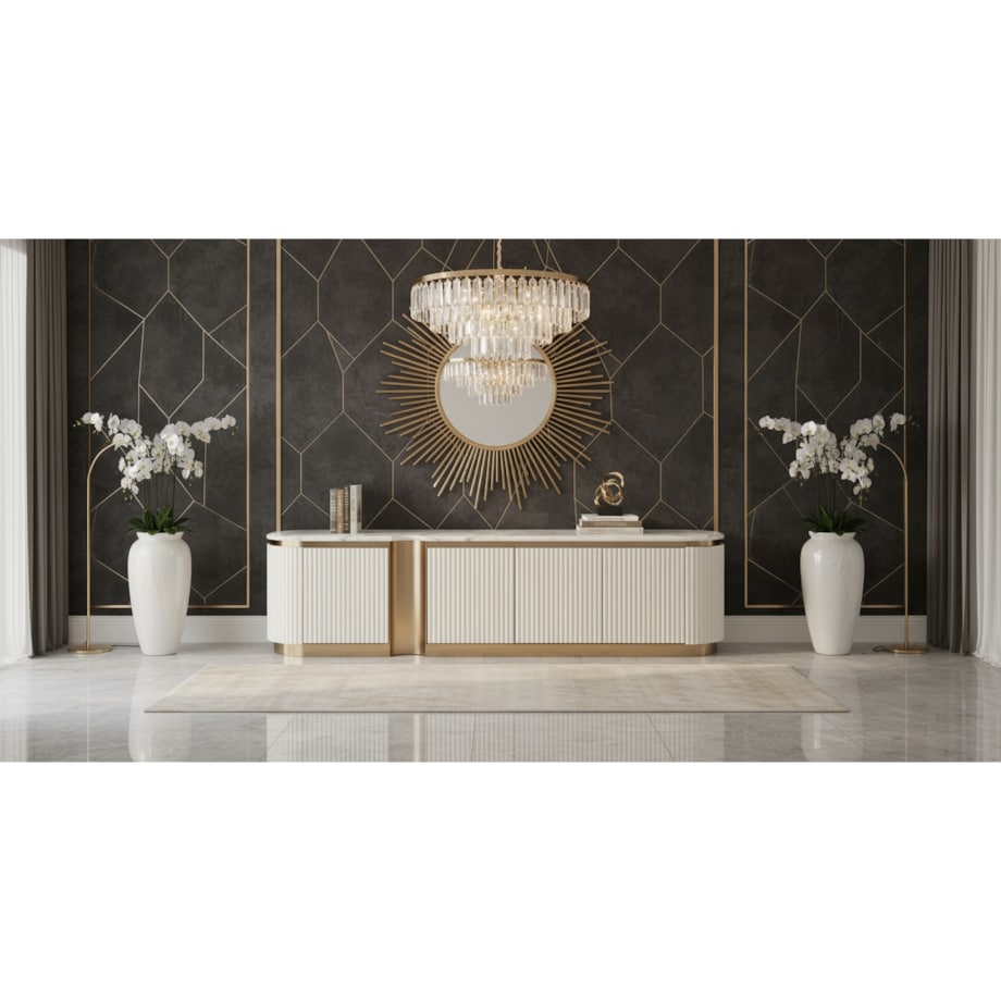 Ryflowana szafka RTV złota biała Nutris Glamour Premium z blatem marmurowym 200x40x50