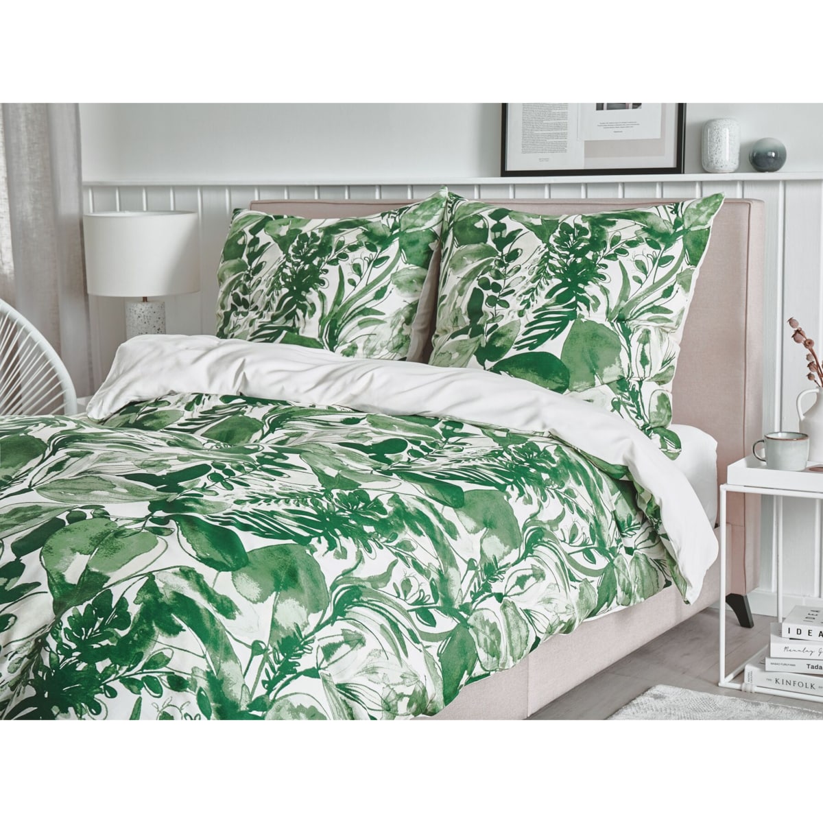 Komplet pościeli bawełnianej satynowej w liście 155 x 220 cm biało-zielony GREENWOOD
