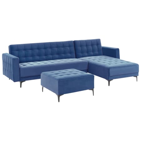 Sofa rozkładana lewostronna welurowa z otomaną niebieska ABERDEEN