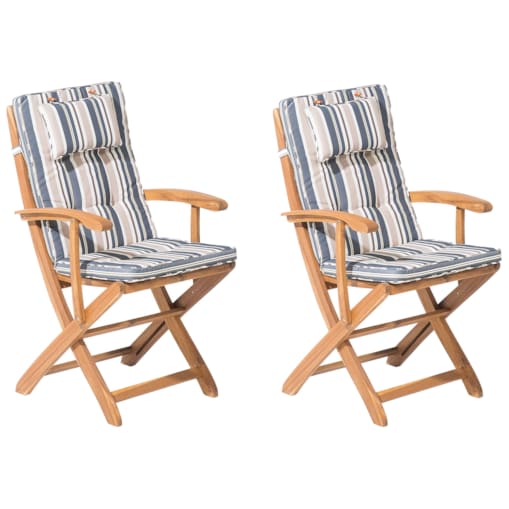 Zestaw 2 krzeseł ogrodowych drewniany z niebiesko-beżowymi poduszkami MAUI