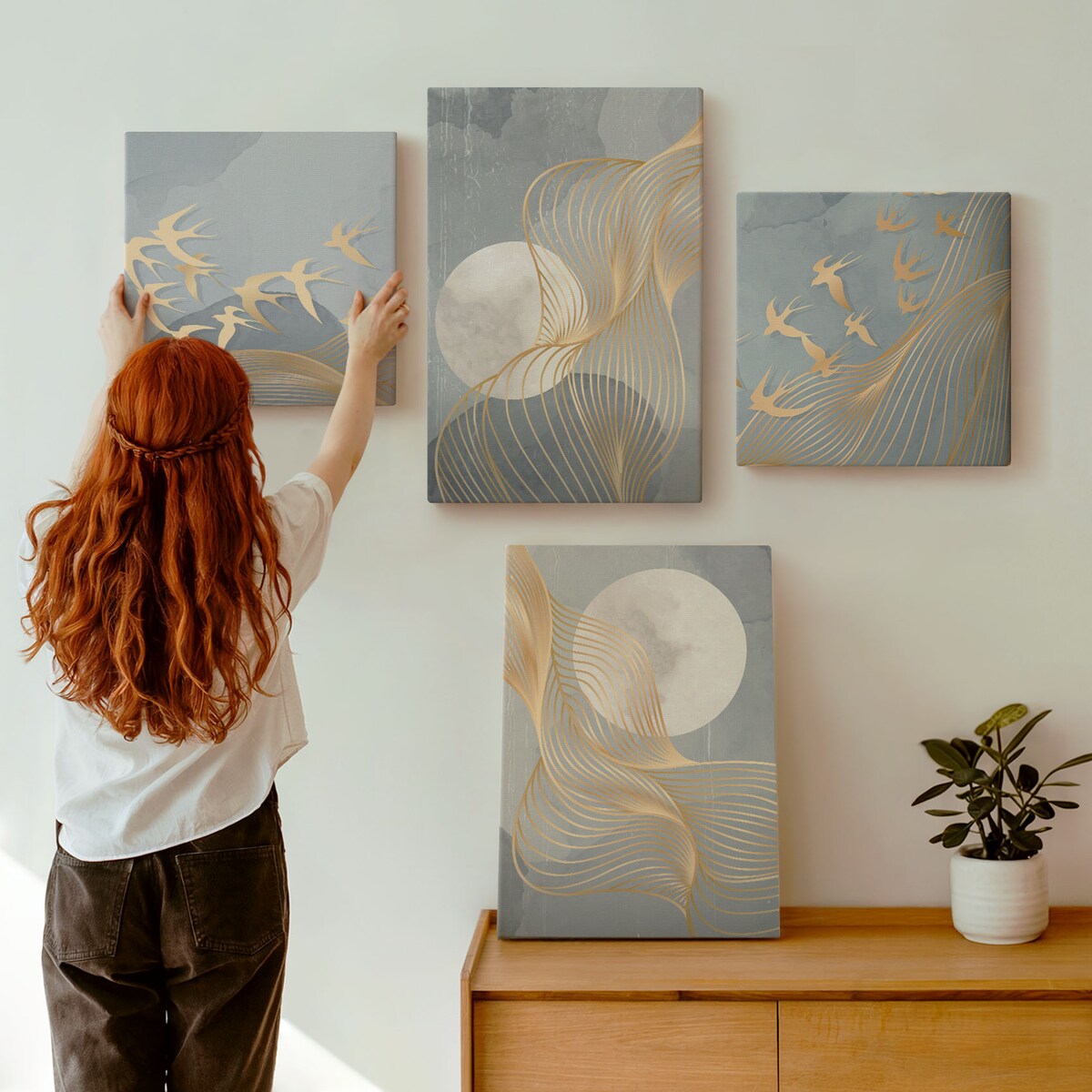 Zestaw 4 obrazów na płótnie - Abstrakcyjne fale okręgi szarość - szary