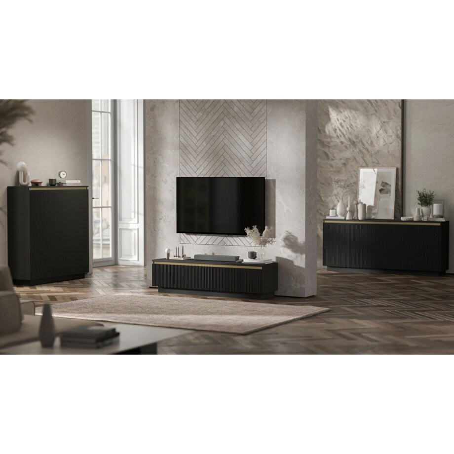Nowoczesna Szafka RTV Glamour Komoda RTV Czarny Mat 280 cm ryflowane fronty