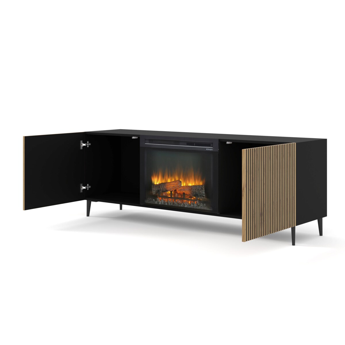 Szafka RTV RAVENNA F 177 cm z kominkiem 2D czarny // czarny artisan