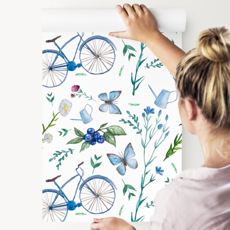 Tapeta młodzieżowa rowery kwiaty owoce motyle