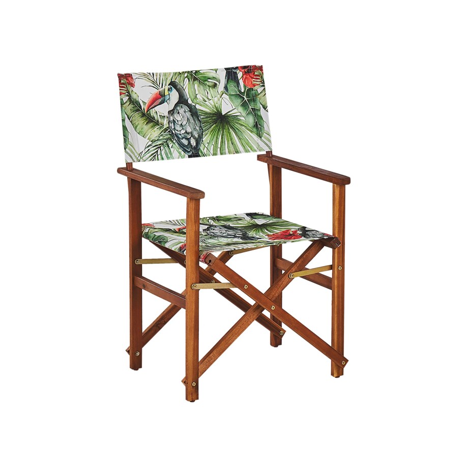 Zestaw 2 krzeseł ogrodowych akacjowy ciemne drewno z białym / wzór w tukany CINE