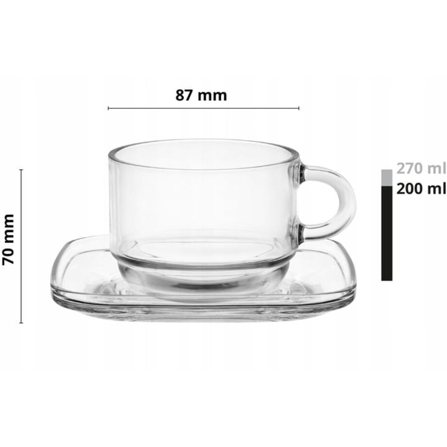 Zestaw 6 Szklane filiżanki ze spodkami do kawy latte herbaty 270ml GLASMARK