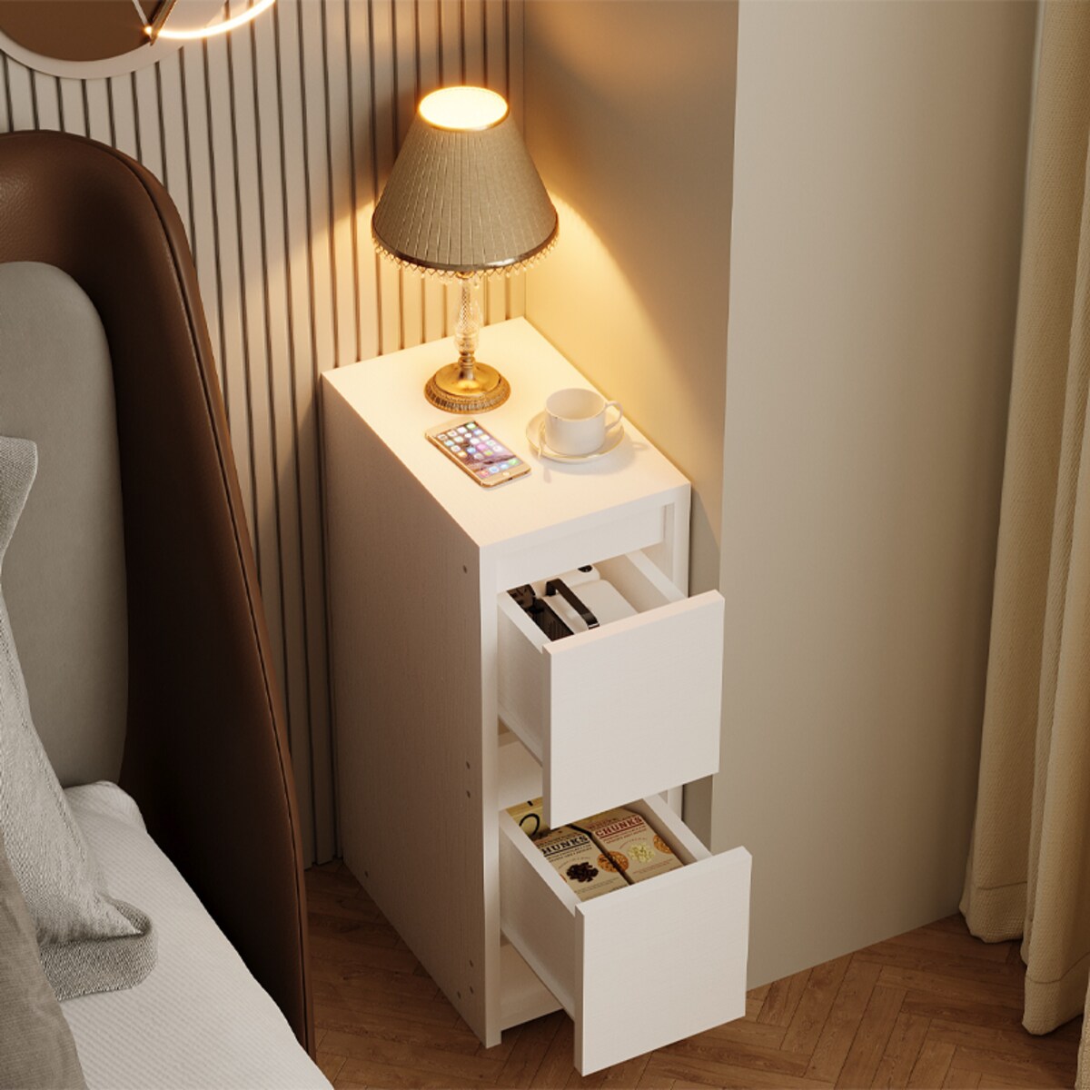 Szafka nocna biała z 2 szufladami stolik nowoczesny loft do sypialni 55 cm