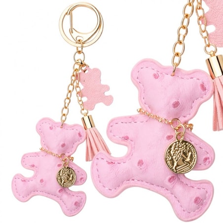 Brelok do kluczy skórzany MIŚ różowy, frędzle BRL356