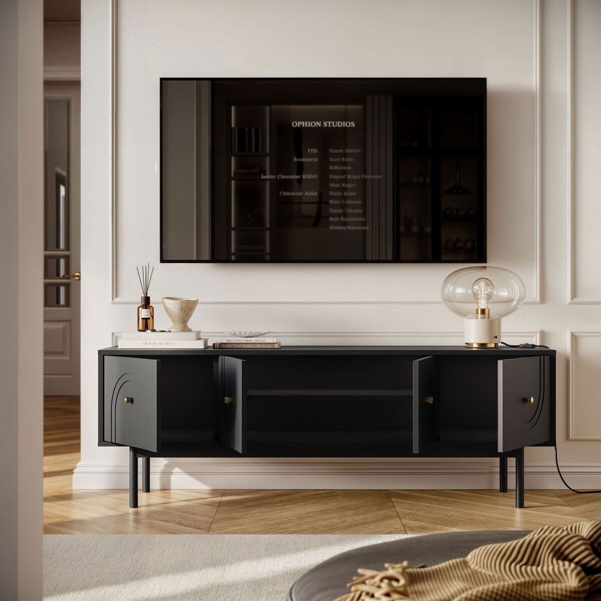 Szafka RTV LIBERTY na drewnianych nóżkach, czarna