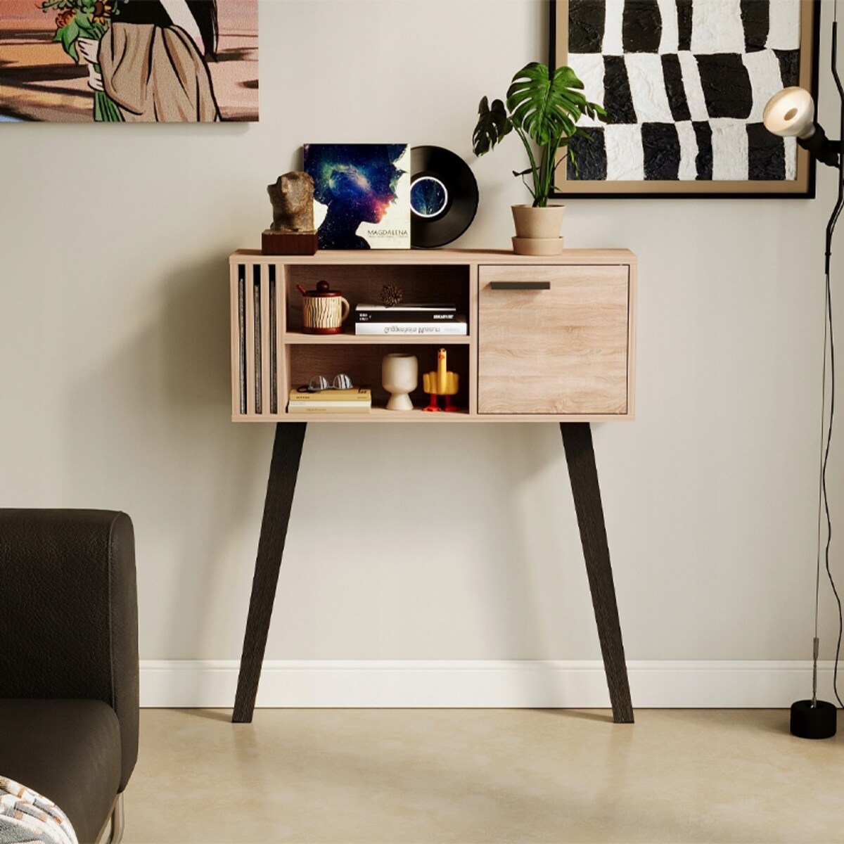 Konsola z lamelami do przedpokoju loft nowoczesna jasny dąb zamykana 80 cm