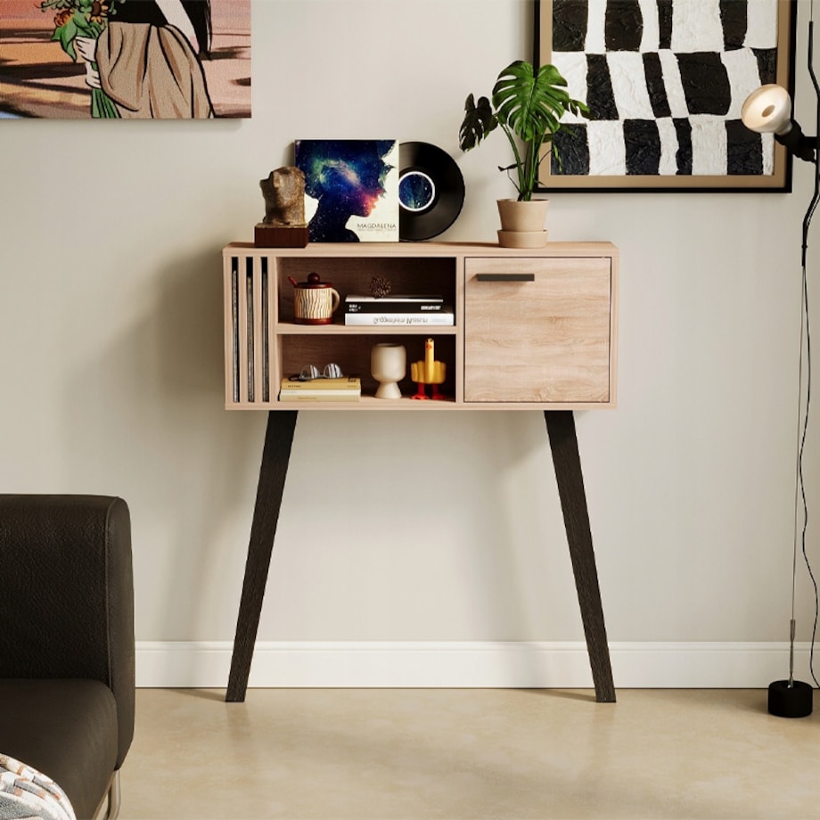 Konsola z lamelami do przedpokoju loft nowoczesna jasny dąb zamykana 80 cm