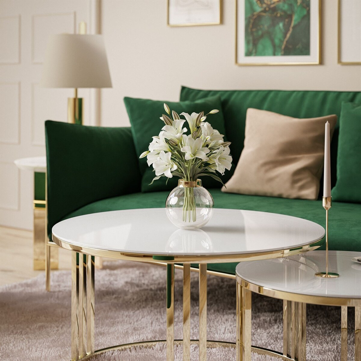 Stolik LORI 2w1 złoty chrom białe szkło