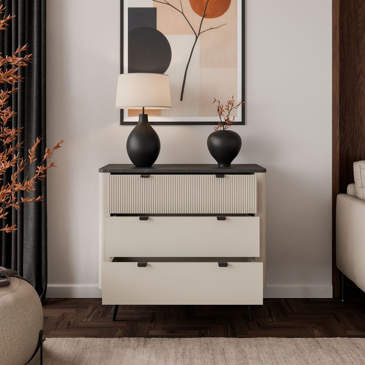 Komoda do salonu AUTUMN 3S na wysokich nóżkach, kaszmir / szary kamień