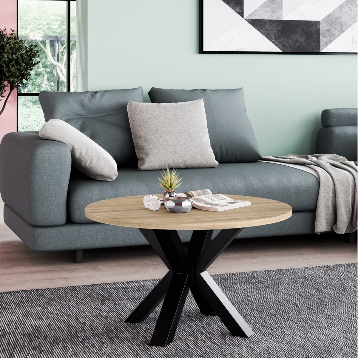 Stolik kawowy NEO okrągły 90 cm, metalowa podstawa-dąb sonoma