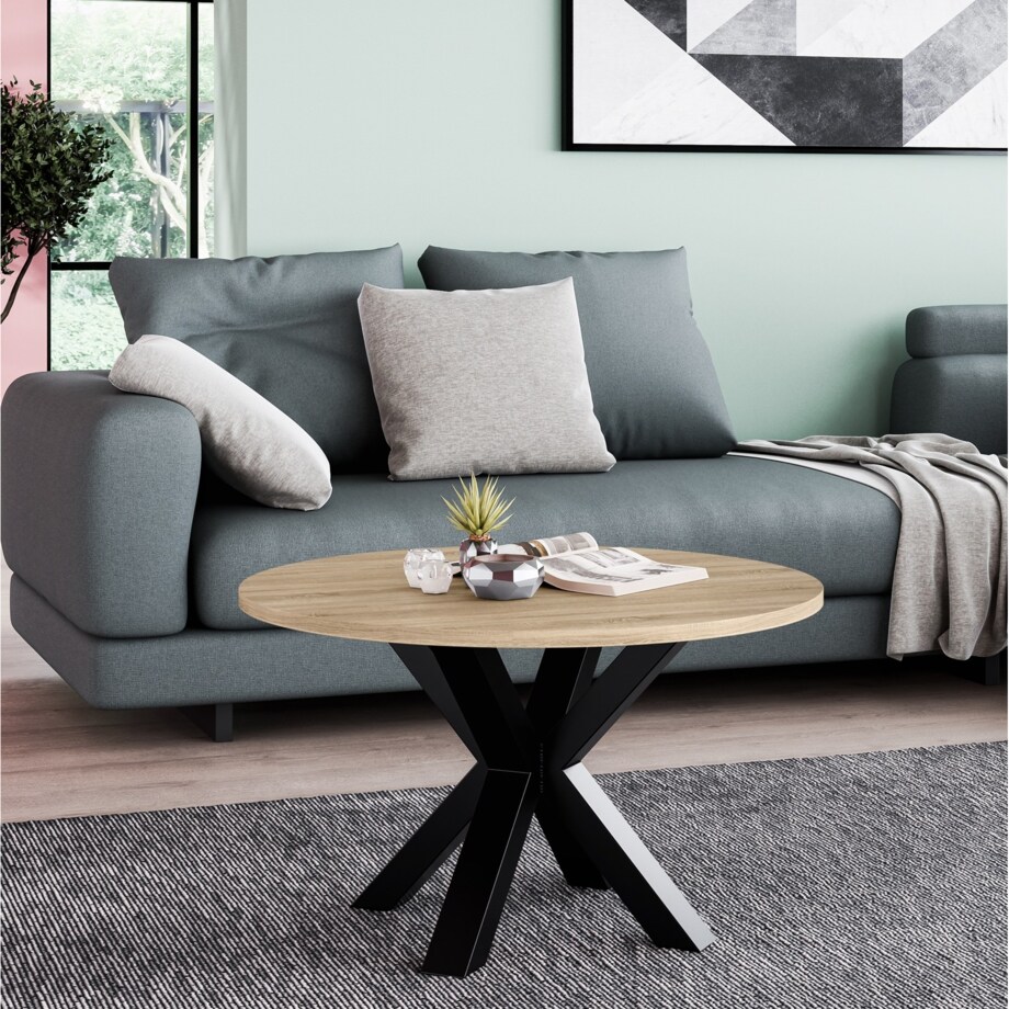 Stolik kawowy NEO okrągły 90 cm, metalowa podstawa-dąb sonoma
