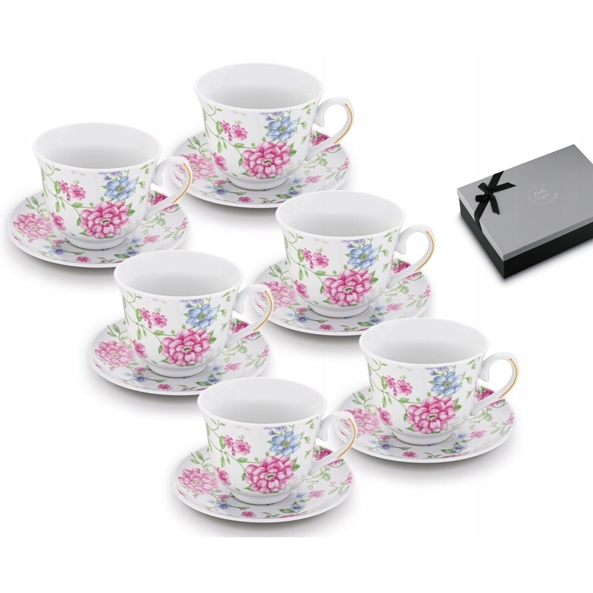 W PUDEŁKU Komplet filiżanek do kawy 250 ml NA PREZENT 6szt W KWIATY dekor