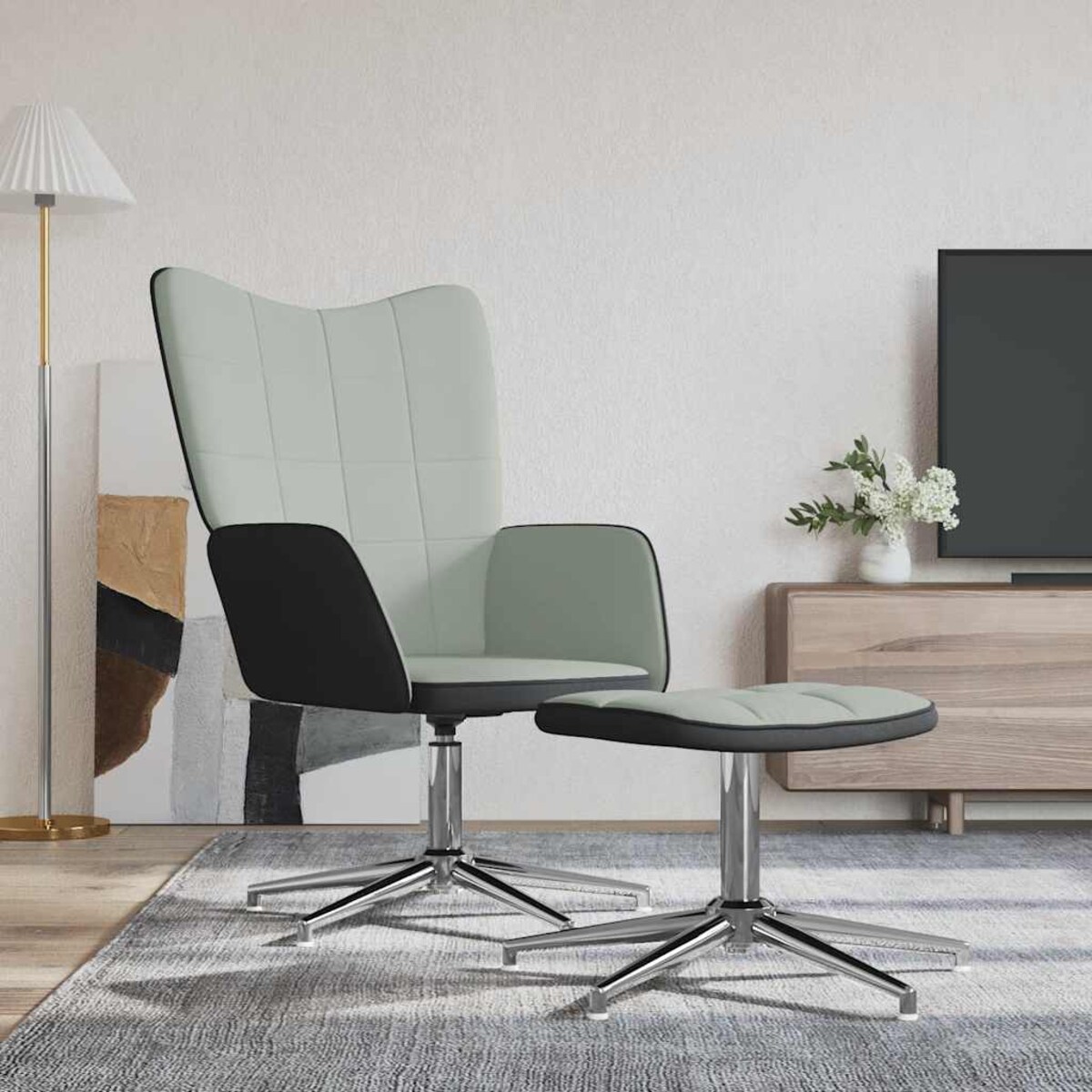 vidaXL Fotel z podnóżkiem, jasnoszary, aksamit i PVC