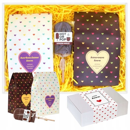 Zestaw prezentowy upominkowy "LOVE BOX" - kawy, herbaty, lizak czekoladowy - prezent upominek na walentynki dla chłopaka dziewczyny niej niego żony męża kobiety faceta mężczyzny