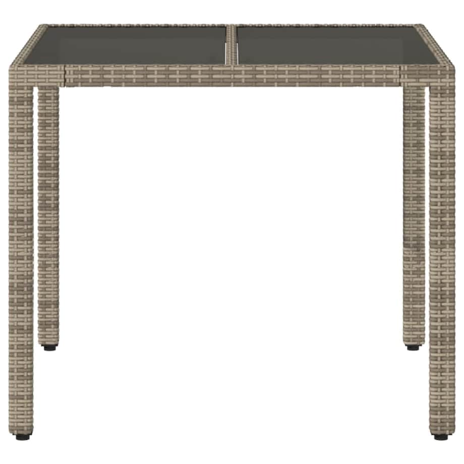 vidaXL Stół ogrodowy ze szklanym blatem, szary, 90x90x75 cm, rattan PE