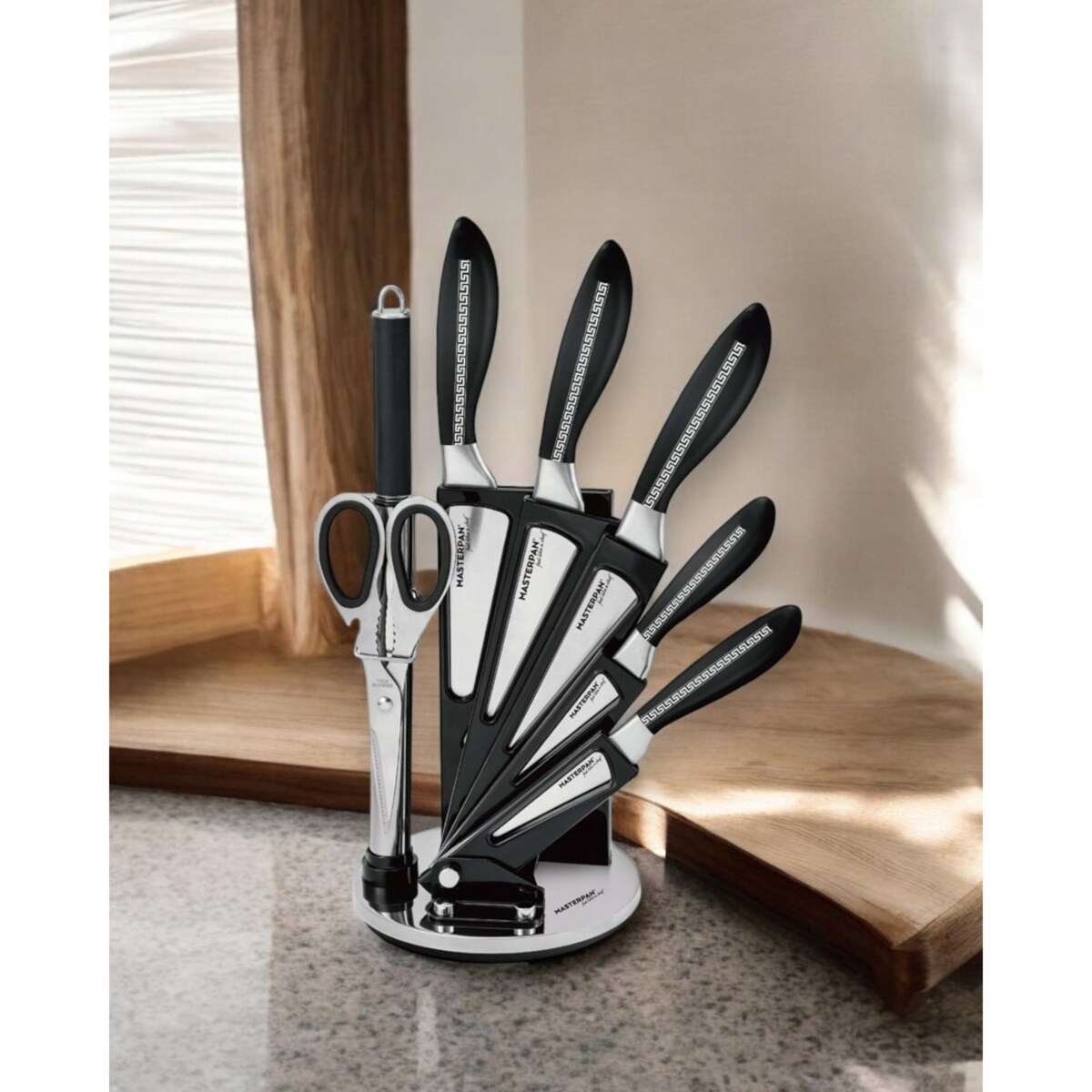 Zestaw Komplet Noży Kuchennych W Stojaku 8 Szt. Ostrzałka Nożyczki Ostre