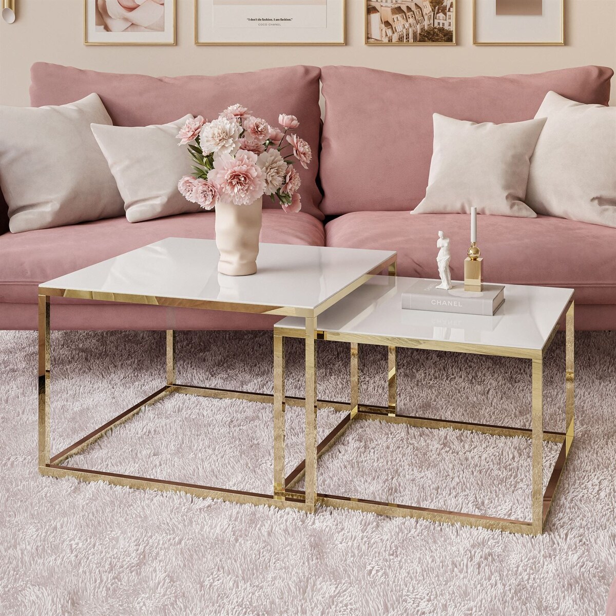 Stolik kawowy YOSHI 2w1 złoty chrom białe szkło