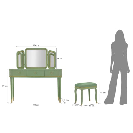 Toaletka Camille Dressin, zestaw 3 szt., 120 x 37 x 79 cm, konsola do makijażu, zielony, złoty, Mauro Ferretti