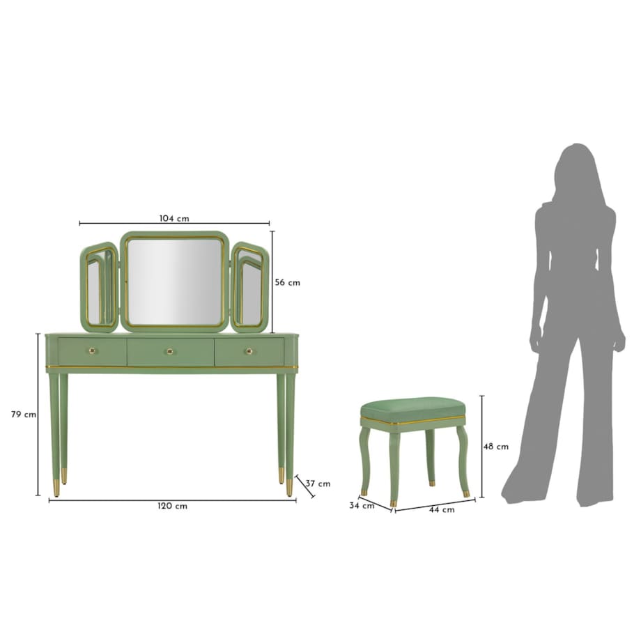 Toaletka Camille Dressin, zestaw 3 szt., 120 x 37 x 79 cm, konsola do makijażu, zielony, złoty, Mauro Ferretti