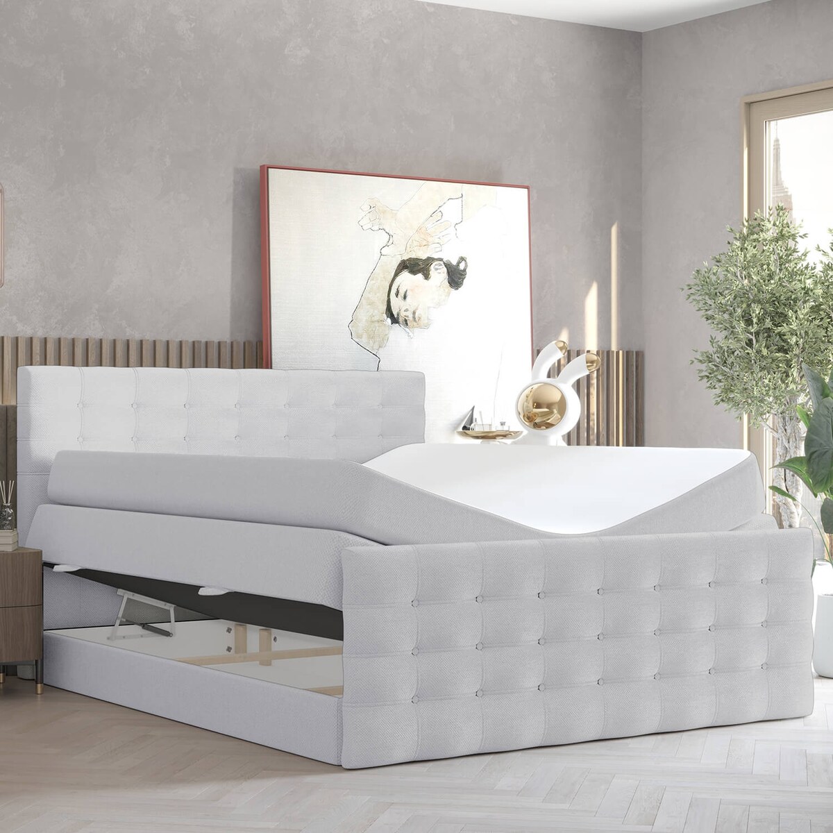 Łóżko kontynentalne STATE 200x200 z pojemnikiem, Jasny Szary, tkanina Megan 364