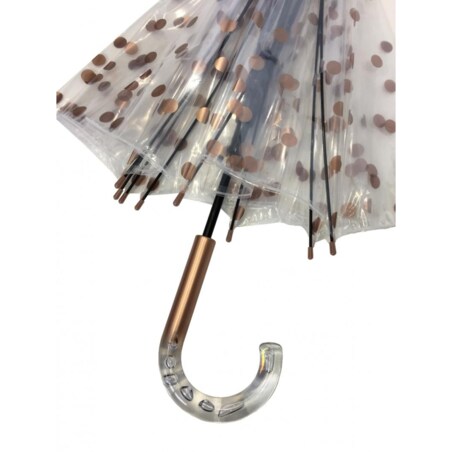 Długi parasol przezroczysty kopuła, złote grochy