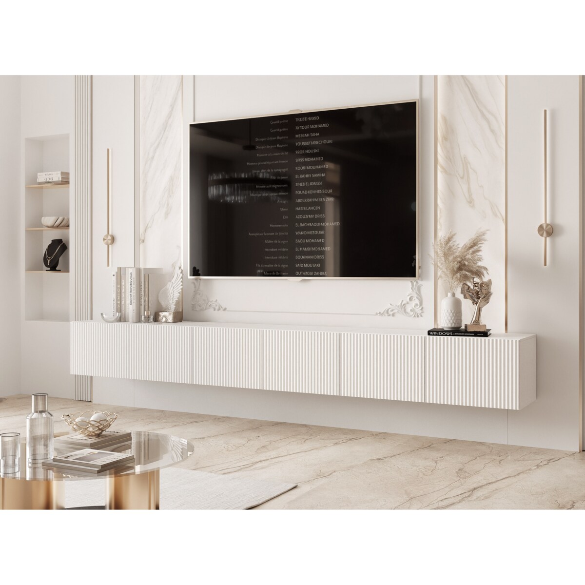 Szafka RTV wisząca BIAŁA ANGEL ryflowana 300 cm z oświetleniem LED